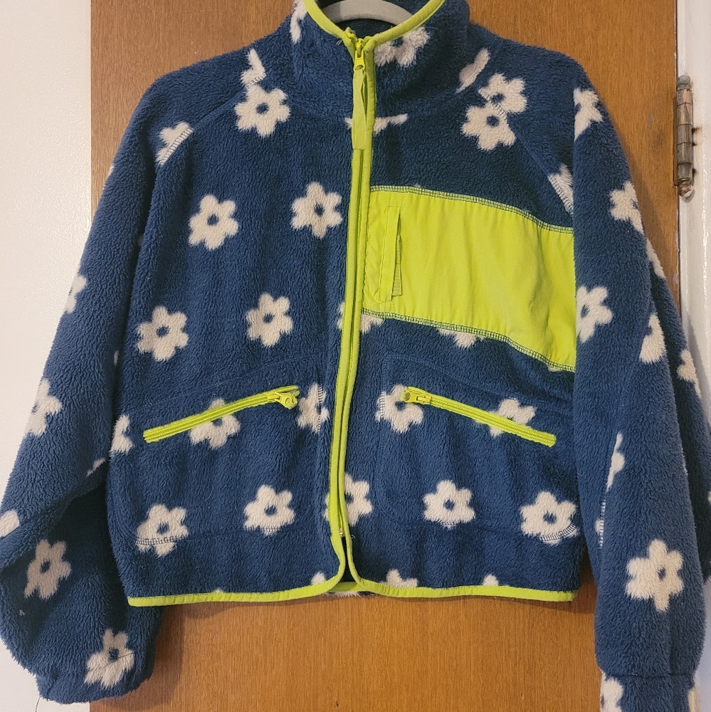 Blue and Yellow Puffer Jacket with Floral Pattern